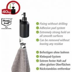 WENKO Distributeur Savon Liquide Mural Telde, Fixation Sans Perçage "Turbo Loc", Avec Crochet Porte Serviette, Acier Inox, 3,4x22x7,5 Cm, Brillant 9 WENKO Distributeur Savon Liquide Mural Telde, Fixation Sans Perçage "Turbo Loc", Avec Crochet Porte Serviette, Acier Inox, 3,4x22x7,5 Cm, Brillant -WENKO Soldes 34038541 3