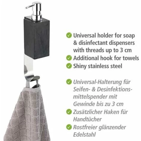 WENKO Distributeur Savon Liquide Mural Telde, Fixation Sans Perçage "Turbo Loc", Avec Crochet Porte Serviette, Acier Inox, 3,4x22x7,5 Cm, Brillant 6 WENKO Distributeur Savon Liquide Mural Telde, Fixation Sans Perçage "Turbo Loc", Avec Crochet Porte Serviette, Acier Inox, 3,4x22x7,5 Cm, Brillant – Image 4
