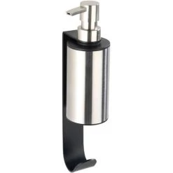WENKO Distributeur Savon Liquide Mural Telde, Fixation Sans Perçage "Turbo Loc", Avec Crochet Porte Serviette, Acier Inox, 6,5x26x10cm, Noir - Mat