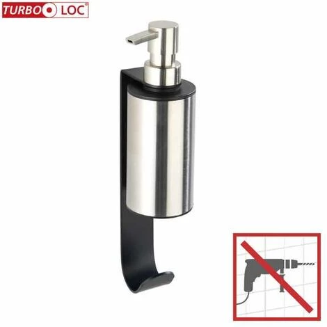 WENKO Distributeur Savon Liquide Mural Telde, Fixation Sans Perçage "Turbo Loc", Avec Crochet Porte Serviette, Acier Inox, 6,5x26x10cm, Noir - Mat 4 WENKO Distributeur Savon Liquide Mural Telde, Fixation Sans Perçage "Turbo Loc", Avec Crochet Porte Serviette, Acier Inox, 6,5x26x10cm, Noir - Mat – Image 2