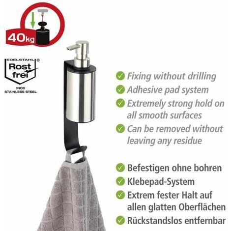 WENKO Distributeur Savon Liquide Mural Telde, Fixation Sans Perçage "Turbo Loc", Avec Crochet Porte Serviette, Acier Inox, 6,5x26x10cm, Noir - Mat 5 WENKO Distributeur Savon Liquide Mural Telde, Fixation Sans Perçage "Turbo Loc", Avec Crochet Porte Serviette, Acier Inox, 6,5x26x10cm, Noir - Mat – Image 3