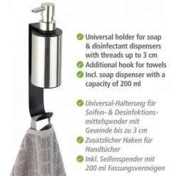 WENKO Distributeur Savon Liquide Mural Telde, Fixation Sans Perçage "Turbo Loc", Avec Crochet Porte Serviette, Acier Inox, 6,5x26x10cm, Noir - Mat 10 WENKO Distributeur Savon Liquide Mural Telde, Fixation Sans Perçage "Turbo Loc", Avec Crochet Porte Serviette, Acier Inox, 6,5x26x10cm, Noir - Mat -WENKO Soldes 34038542 4