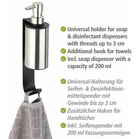 WENKO Distributeur Savon Liquide Mural Telde, Fixation Sans Perçage "Turbo Loc", Avec Crochet Porte Serviette, Acier Inox, 6,5x26x10cm, Noir - Mat 6 WENKO Distributeur Savon Liquide Mural Telde, Fixation Sans Perçage "Turbo Loc", Avec Crochet Porte Serviette, Acier Inox, 6,5x26x10cm, Noir - Mat – Image 4
