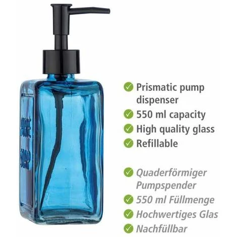 WENKO Distributeur De Savon Liquide "Pure Soap", Capacité 550 Ml, Distributeur De Savon Liquide En Verre, 9,5x20x6 Cm, Bleu 4 WENKO Distributeur De Savon Liquide "Pure Soap", Capacité 550 Ml, Distributeur De Savon Liquide En Verre, 9,5x20x6 Cm, Bleu – Image 2