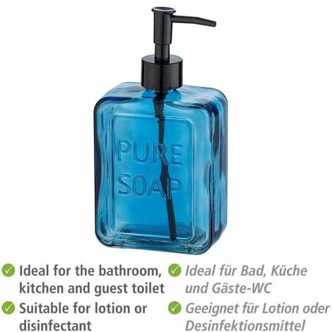 WENKO Distributeur De Savon Liquide "Pure Soap", Capacité 550 Ml, Distributeur De Savon Liquide En Verre, 9,5x20x6 Cm, Bleu 5 WENKO Distributeur De Savon Liquide "Pure Soap", Capacité 550 Ml, Distributeur De Savon Liquide En Verre, 9,5x20x6 Cm, Bleu – Image 3