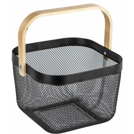 WENKO Corbeille Bambusa, Panier De Rangement Métallique Avec Poignée En Bois Bambou, Acier - Bambou, 25x17x25 Cm, Noir/bois 3 WENKO Corbeille Bambusa, Panier De Rangement Métallique Avec Poignée En Bois Bambou, Acier - Bambou, 25x17x25 Cm, Noir/bois