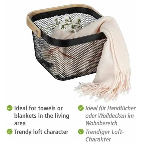 WENKO Corbeille Bambusa, Panier De Rangement Métallique Avec Poignée En Bois Bambou, Acier - Bambou, 25x17x25 Cm, Noir/bois 5 WENKO Corbeille Bambusa, Panier De Rangement Métallique Avec Poignée En Bois Bambou, Acier - Bambou, 25x17x25 Cm, Noir/bois – Image 3