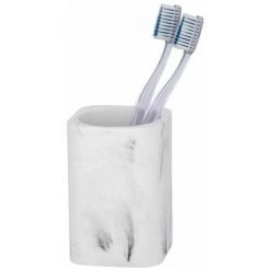 WENKO Gobelet Salle De Bain Desio, Porte Brosse à Dent, Polyrésine Effet Marbre, 7,7x11x7,6 Cm, Blanc - Gris