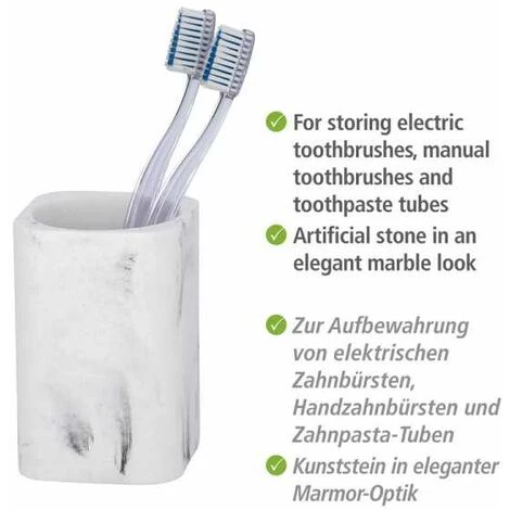 WENKO Gobelet Salle De Bain Desio, Porte Brosse à Dent, Polyrésine Effet Marbre, 7,7x11x7,6 Cm, Blanc - Gris 4 WENKO Gobelet Salle De Bain Desio, Porte Brosse à Dent, Polyrésine Effet Marbre, 7,7x11x7,6 Cm, Blanc - Gris – Image 2