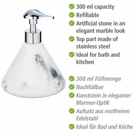 WENKO Distributeur Savon Liquide Desio, Capacité De 300 Ml, Polyrésine Effet Marbre, Ø 13,1 X 16 Cm, Blanc - Gris 4 WENKO Distributeur Savon Liquide Desio, Capacité De 300 Ml, Polyrésine Effet Marbre, Ø 13,1 X 16 Cm, Blanc - Gris – Image 2
