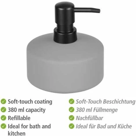 WENKO Distributeur De Savon Liquide Avellino, Capacité De 380 Ml, Surface Agrippante Soft-Touch, Céramique, Ø 10,5x12,5 Cm, Gris Mat 4 WENKO Distributeur De Savon Liquide Avellino, Capacité De 380 Ml, Surface Agrippante Soft-Touch, Céramique, Ø 10,5x12,5 Cm, Gris Mat – Image 2