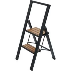 WENKO Escabeau 2 Marches, Escabeau Pliable, Noir Aluminium, Marche XL Bambou, Max 150 Kg