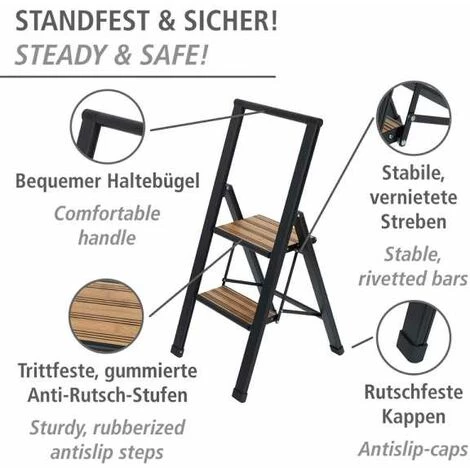 WENKO Escabeau 2 Marches, Escabeau Pliable, Noir Aluminium, Marche XL Bambou, Max 150 Kg 4 WENKO Escabeau 2 Marches, Escabeau Pliable, Noir Aluminium, Marche XL Bambou, Max 150 Kg – Image 2