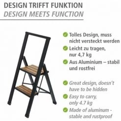 WENKO Escabeau 2 Marches, Escabeau Pliable, Noir Aluminium, Marche XL Bambou, Max 150 Kg 9 WENKO Escabeau 2 Marches, Escabeau Pliable, Noir Aluminium, Marche XL Bambou, Max 150 Kg -WENKO Soldes 34038627 3