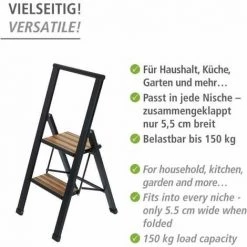 WENKO Escabeau 2 Marches, Escabeau Pliable, Noir Aluminium, Marche XL Bambou, Max 150 Kg 10 WENKO Escabeau 2 Marches, Escabeau Pliable, Noir Aluminium, Marche XL Bambou, Max 150 Kg -WENKO Soldes 34038627 4