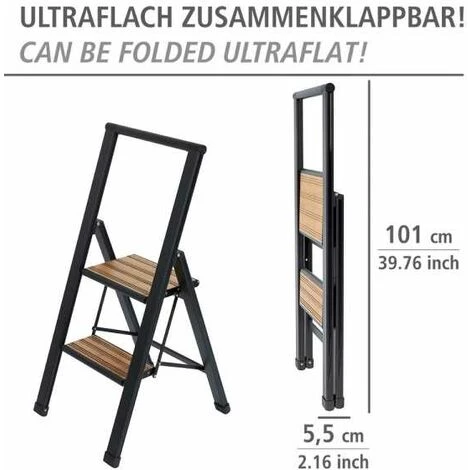 WENKO Escabeau 2 Marches, Escabeau Pliable, Noir Aluminium, Marche XL Bambou, Max 150 Kg 7 WENKO Escabeau 2 Marches, Escabeau Pliable, Noir Aluminium, Marche XL Bambou, Max 150 Kg – Image 5