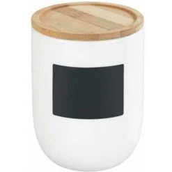 WENKO Boite De Conservation Waia, Avec Couvercle Hermétique En Bambou, Conservation Vrac, Avec étiquette Ardoise, Capacité 0,8L, Céramique - Bambou, Ø 11x14,5 Cm, Blanc - Marron