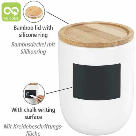 WENKO Boite De Conservation Waia, Avec Couvercle Hermétique En Bambou, Conservation Vrac, Avec étiquette Ardoise, Capacité 0,8L, Céramique - Bambou, Ø 11x14,5 Cm, Blanc - Marron 4 WENKO Boite De Conservation Waia, Avec Couvercle Hermétique En Bambou, Conservation Vrac, Avec étiquette Ardoise, Capacité 0,8L, Céramique - Bambou, Ø 11x14,5 Cm, Blanc - Marron – Image 2