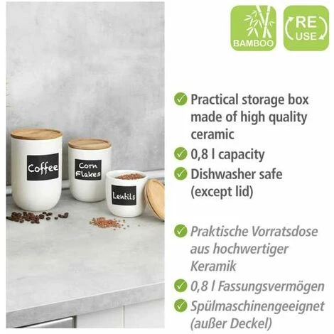 WENKO Boite De Conservation Waia, Avec Couvercle Hermétique En Bambou, Conservation Vrac, Avec étiquette Ardoise, Capacité 0,8L, Céramique - Bambou, Ø 11x14,5 Cm, Blanc - Marron 5 WENKO Boite De Conservation Waia, Avec Couvercle Hermétique En Bambou, Conservation Vrac, Avec étiquette Ardoise, Capacité 0,8L, Céramique - Bambou, Ø 11x14,5 Cm, Blanc - Marron – Image 3