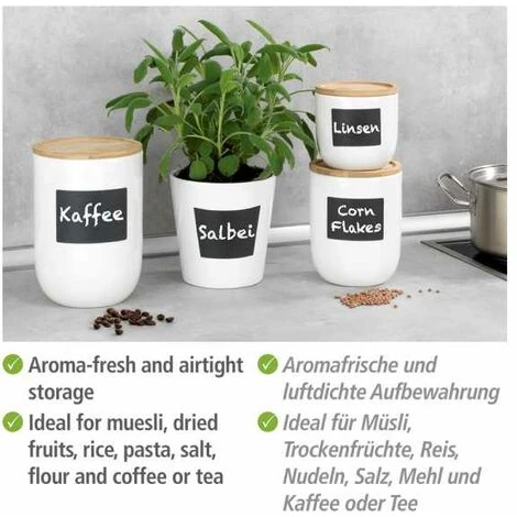 WENKO Boite De Conservation Waia, Avec Couvercle Hermétique En Bambou, Conservation Vrac, Avec étiquette Ardoise, Capacité 0,8L, Céramique - Bambou, Ø 11x14,5 Cm, Blanc - Marron 6 WENKO Boite De Conservation Waia, Avec Couvercle Hermétique En Bambou, Conservation Vrac, Avec étiquette Ardoise, Capacité 0,8L, Céramique - Bambou, Ø 11x14,5 Cm, Blanc - Marron – Image 4