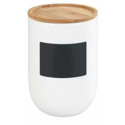 WENKO Boite De Conservation Waia, Avec Couvercle Hermétique En Bambou, Conservation Vrac, Avec étiquette Ardoise, Capacité 1,5L, Céramique - Bambou, Ø 12,5x18,5 Cm, Blanc - Marron