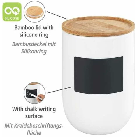 WENKO Boite De Conservation Waia, Avec Couvercle Hermétique En Bambou, Conservation Vrac, Avec étiquette Ardoise, Capacité 1,5L, Céramique - Bambou, Ø 12,5x18,5 Cm, Blanc - Marron 4 WENKO Boite De Conservation Waia, Avec Couvercle Hermétique En Bambou, Conservation Vrac, Avec étiquette Ardoise, Capacité 1,5L, Céramique - Bambou, Ø 12,5x18,5 Cm, Blanc - Marron – Image 2