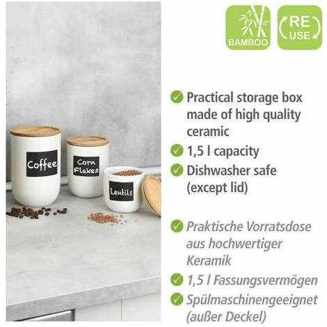 WENKO Boite De Conservation Waia, Avec Couvercle Hermétique En Bambou, Conservation Vrac, Avec étiquette Ardoise, Capacité 1,5L, Céramique - Bambou, Ø 12,5x18,5 Cm, Blanc - Marron 5 WENKO Boite De Conservation Waia, Avec Couvercle Hermétique En Bambou, Conservation Vrac, Avec étiquette Ardoise, Capacité 1,5L, Céramique - Bambou, Ø 12,5x18,5 Cm, Blanc - Marron – Image 3