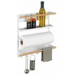 WENKO Etagère Magnétique Réfrigérateur Magna, Avec étagère Porte épice, Dérouleur Sopalin Magnétique Et Crochets Suspension Ustensiles De Cuisine, Métal - Bambou, 33x34x8 Cm, Blanc