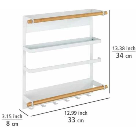 WENKO Etagère Magnétique Réfrigérateur Magna, Avec étagère Porte épice, Dérouleur Sopalin Magnétique Et Crochets Suspension Ustensiles De Cuisine, Métal - Bambou, 33x34x8 Cm, Blanc 7 WENKO Etagère Magnétique Réfrigérateur Magna, Avec étagère Porte épice, Dérouleur Sopalin Magnétique Et Crochets Suspension Ustensiles De Cuisine, Métal - Bambou, 33x34x8 Cm, Blanc – Image 5