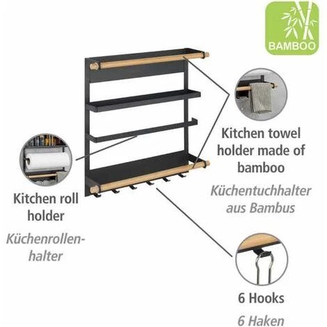 WENKO Etagère Magnétique Réfrigérateur Magna, Avec étagère Porte épice, Dérouleur Sopalin Magnétique Et Crochets Suspension Ustensiles De Cuisine, Métal - Bambou, 33x34x8 Cm, Noir 4 WENKO Etagère Magnétique Réfrigérateur Magna, Avec étagère Porte épice, Dérouleur Sopalin Magnétique Et Crochets Suspension Ustensiles De Cuisine, Métal - Bambou, 33x34x8 Cm, Noir – Image 2