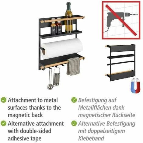 WENKO Etagère Magnétique Réfrigérateur Magna, Avec étagère Porte épice, Dérouleur Sopalin Magnétique Et Crochets Suspension Ustensiles De Cuisine, Métal - Bambou, 33x34x8 Cm, Noir 5 WENKO Etagère Magnétique Réfrigérateur Magna, Avec étagère Porte épice, Dérouleur Sopalin Magnétique Et Crochets Suspension Ustensiles De Cuisine, Métal - Bambou, 33x34x8 Cm, Noir – Image 3