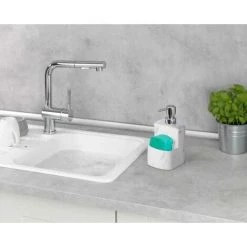 WENKO Distributeur Liquide Vaisselle, Distributeur Liquide Vaisselle Porte éponge, Festival, Capacité De 380 Ml, Céramique, 10x18x10 Cm, Effet Marbre -WENKO Soldes 34038648 4