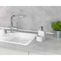 WENKO Distributeur Liquide Vaisselle, Distributeur Liquide Vaisselle Porte éponge, Festival, Capacité De 380 Ml, Céramique, 10x18x10 Cm, Effet Marbre -WENKO Soldes 34038648 5