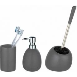 WENKO Accessoire Salle De Bain, Gobelet Brosse à Dent, Distributeur Savon Liquide, Brosse WC, Polaris, Gris Mat