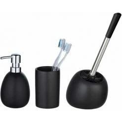 WENKO Set Accessoires Salle De Bain, Distributeur Savon Liquide, Porte Brosse à Dent, Brosse WC, Céramique, Polaris Noir Mat