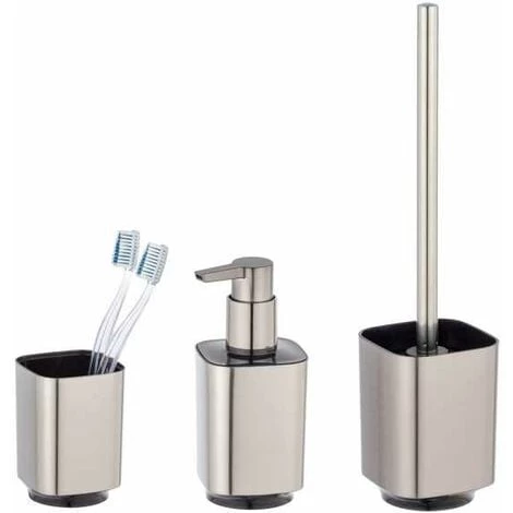 WENKO Set Accessoires Salle De Bain, Gobelet Brosse à Dent, Distributeur Savon Liquide, Brosse WC, Auron, Plastique Finition Chromée 3 WENKO Set Accessoires Salle De Bain, Gobelet Brosse à Dent, Distributeur Savon Liquide, Brosse WC, Auron, Plastique Finition Chromée