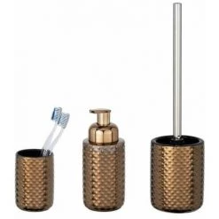 WENKO Set Accessoires Salle De Bain, Gobelet Brosse à Dent, Distributeur Savon Mousse, Brosse WC Noir, Keo, Céramique Cuivrée