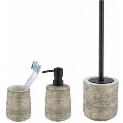 WENKO Set Accessoires Salle De Bain, Gobelet Brosse à Dent, Distributeur Savon Liquide, Brosse WC Noir, Fedio, Céramique Dorée
