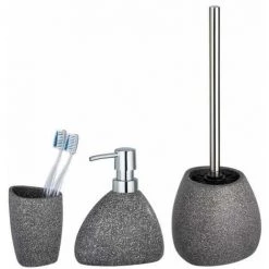 WENKO Set Accessoires Salle De Bain, Gobelet Brosse à Dent, Distributeur Savon Liquide, Brosse WC Noir, Pion, Céramique