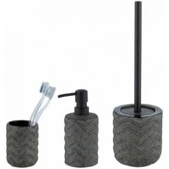 WENKO Set Accessoires Salle De Bain, Gobelet Brosse à Dent, Distributeur Savon Liquide, Brosse WC Noir, Mantua, Céramique Noire