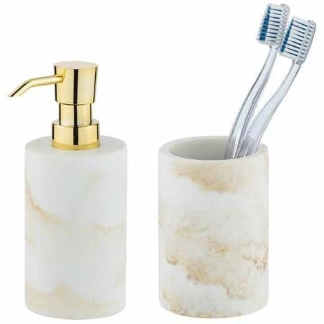 WENKO Set Accessoires Salle De Bain, Gobelet Brosse à Dent, Distributeur Savon Liquide, Odos, Marbre Doré 3 WENKO Set Accessoires Salle De Bain, Gobelet Brosse à Dent, Distributeur Savon Liquide, Odos, Marbre Doré