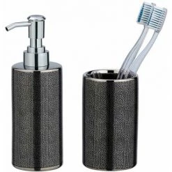 WENKO Set Accessoires Salle De Bain, Gobelet Brosse à Dent, Distributeur Savon Liquide, Céramique, Nuria