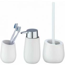 WENKO Set Accessoires Salle De Bain, Gobelet Brosse à Dent, Distributeur Savon Liquide, Brosse WC, Céramique, Badi, Blanc Mat