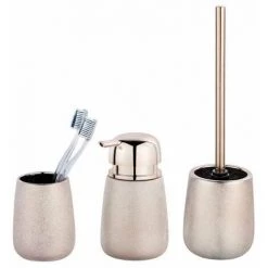 WENKO Set Accessoires Salle De Bain, Gobelet Brosse à Dent, Distributeur Savon Liquide, Brosse WC, Céramique, Glimma, Rose Effet "paillette"