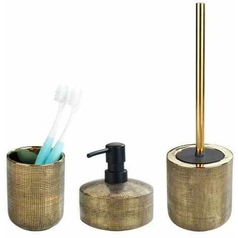 WENKO Set Accessoires Salle De Bain, Gobelet Brosse à Dent, Distributeur Savon Liquide, Brosse WC, Céramique, Rivara, Effet "or" 3 WENKO Set Accessoires Salle De Bain, Gobelet Brosse à Dent, Distributeur Savon Liquide, Brosse WC, Céramique, Rivara, Effet "or"