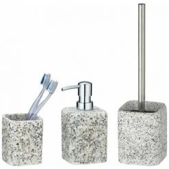 WENKO Set Accessoires Salle De Bain, Gobelet Brosse à Dent, Distributeur Savon Liquide, Brosse WC, Terrazzo, Effet "granite"