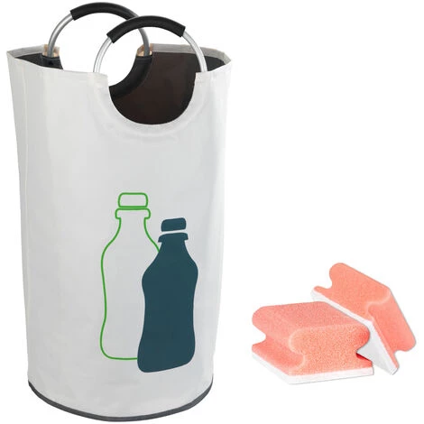 WENKO Collecteur De Bouteille, Panier Bouteille, Capacité 69L, Beige Motif Bouteille, Jumbo, Lot De 2 éponges Offertes 3 WENKO Collecteur De Bouteille, Panier Bouteille, Capacité 69L, Beige Motif Bouteille, Jumbo, Lot De 2 éponges Offertes