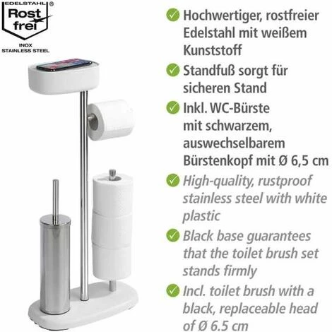 WENKO Combiné WC 4en1, Brosse WC Et Dérouleur Papier Toilette, Rangement Papier Toilette Avec Boîte De Rangement Rivazza Blanc, Acier Inox - Plastique, 17x72,5x32 Cm, Blanc 5 WENKO Combiné WC 4en1, Brosse WC Et Dérouleur Papier Toilette, Rangement Papier Toilette Avec Boîte De Rangement Rivazza Blanc, Acier Inox - Plastique, 17x72,5x32 Cm, Blanc – Image 3