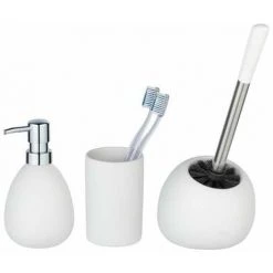WENKO Set Accessoire Salle De Bain, Gobelet Brosse à Dent, Distributeur Savon Liquide, Brosse WC, Polaris, Blanc Mat