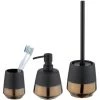 WENKO Set Accessoires Salle De Bain, Gobelet Brosse à Dent, Distributeur Savon Liquide, Brosse WC, Céramique, Brandol, Noir Effet "or"